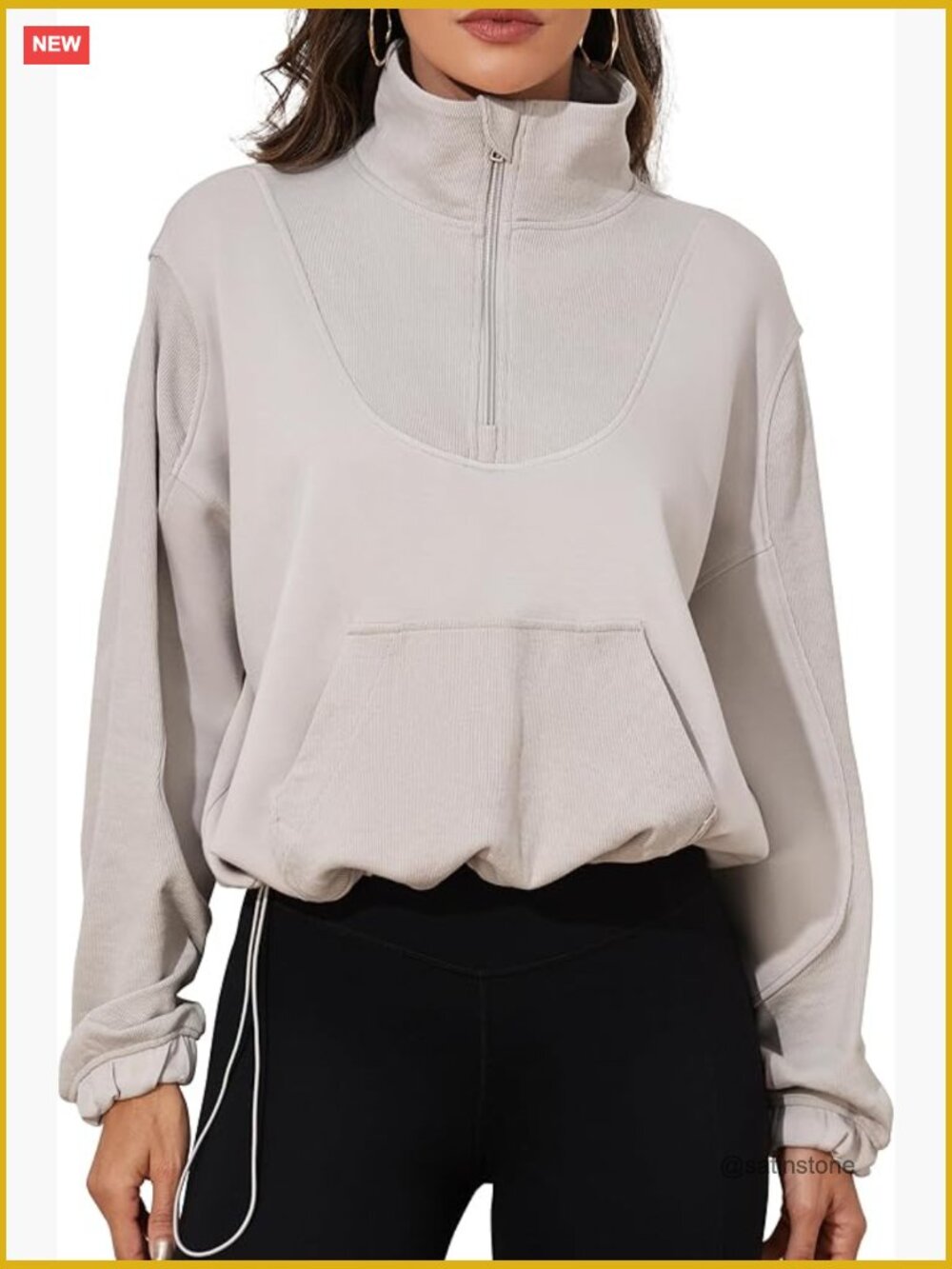 Ribbed Half Zip Cropped Sweatshirt with Pockets - Picture 1 of 6